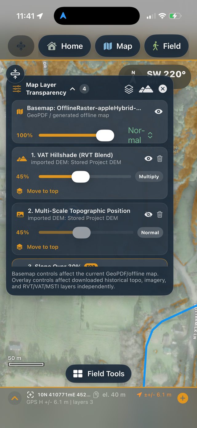 Ology map layer stack with VAT hillshade blend and multi-scale topographic position over imagery